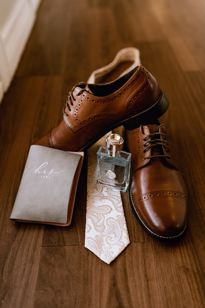 Mens wedding shoes, tie and cologne