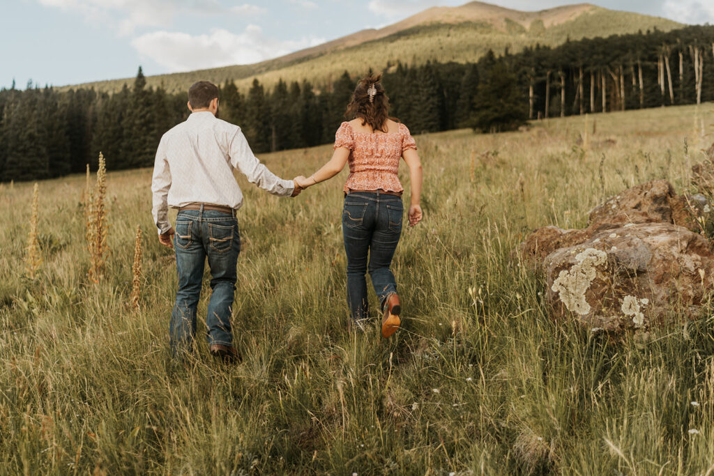 A man and woman walk up a mountain, holding hands and facing away from the camera. 