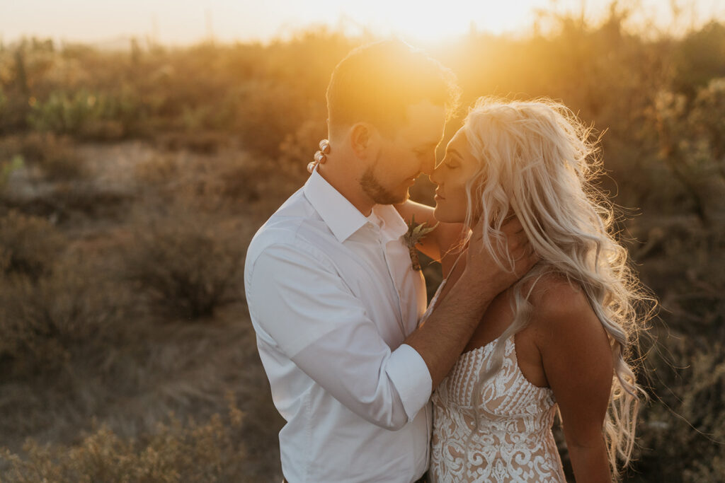 A man and a woman embrace while surrounded by a field of cacti with the light from the sunset lighting their faces. 